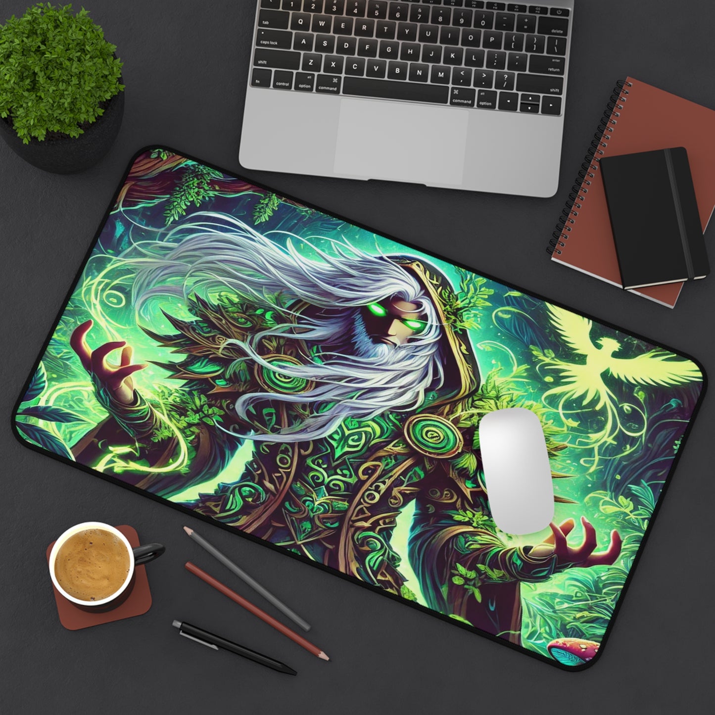 Nature’s Guardian Desk Mat – Embrace the Power of the Wild! stunning illustration of a powerful druid intertwined with vibrant, magical plants,