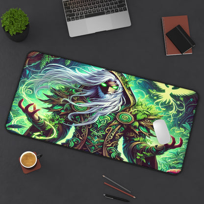 Nature’s Guardian Desk Mat – Embrace the Power of the Wild! stunning illustration of a powerful druid intertwined with vibrant, magical plants,