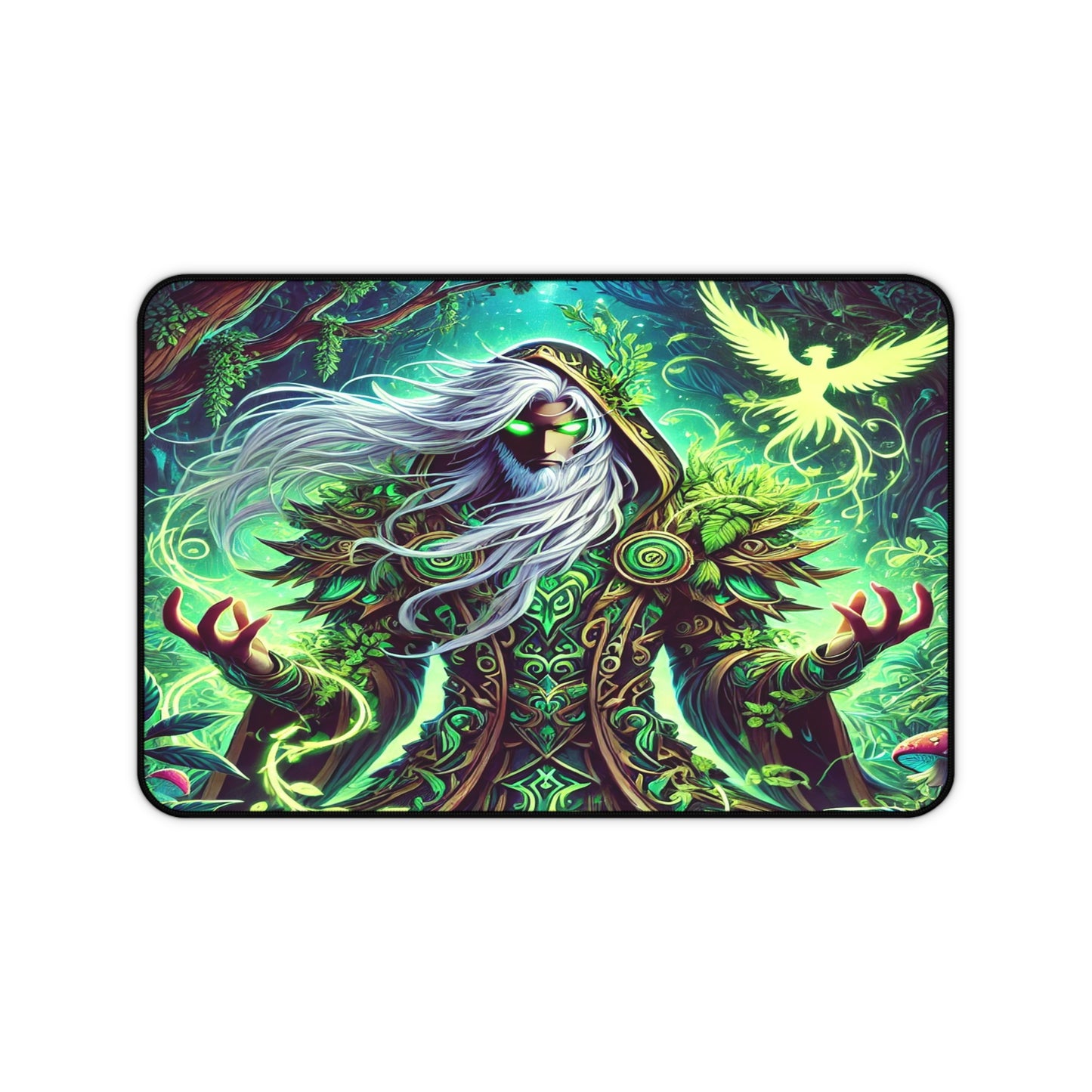 Nature’s Guardian Desk Mat – Embrace the Power of the Wild! stunning illustration of a powerful druid intertwined with vibrant, magical plants,