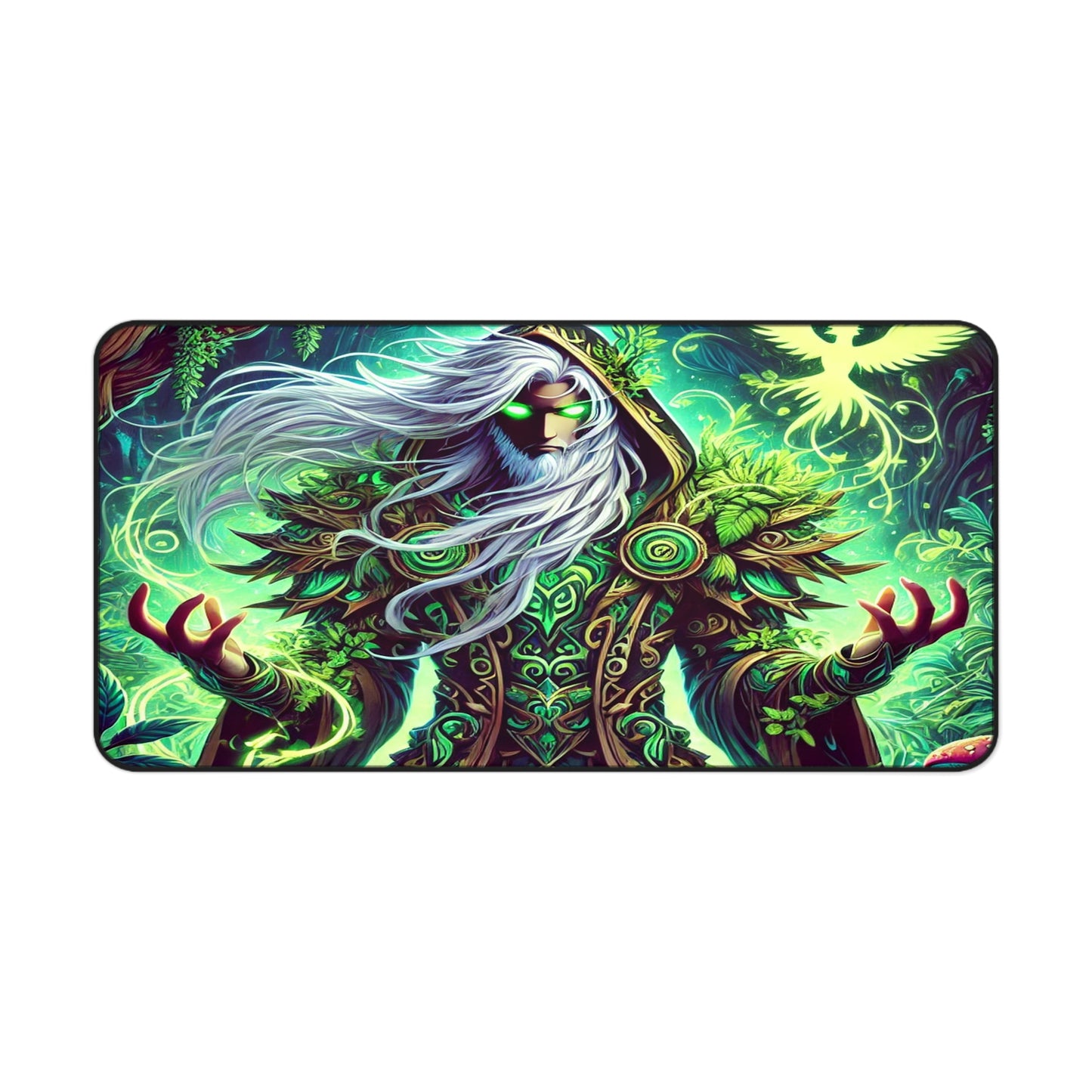 Nature’s Guardian Desk Mat – Embrace the Power of the Wild! stunning illustration of a powerful druid intertwined with vibrant, magical plants,