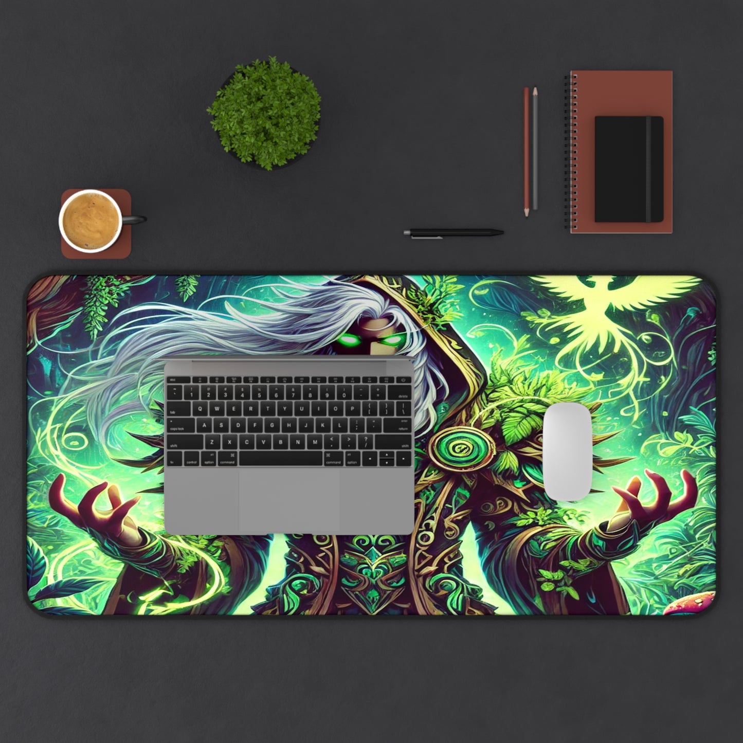 Nature’s Guardian Desk Mat – Embrace the Power of the Wild! stunning illustration of a powerful druid intertwined with vibrant, magical plants,