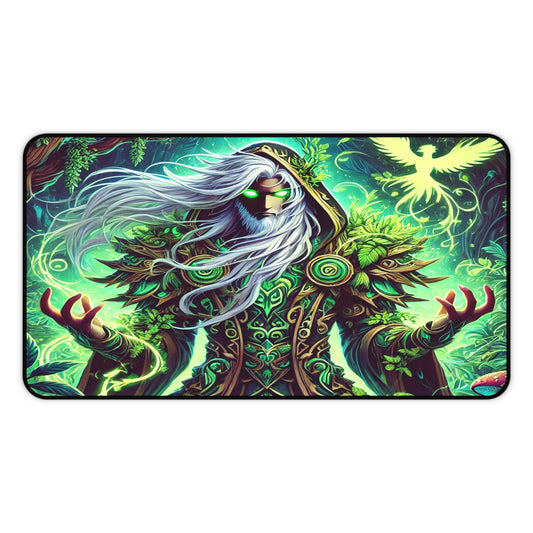 Nature’s Guardian Desk Mat – Embrace the Power of the Wild! stunning illustration of a powerful druid intertwined with vibrant, magical plants,