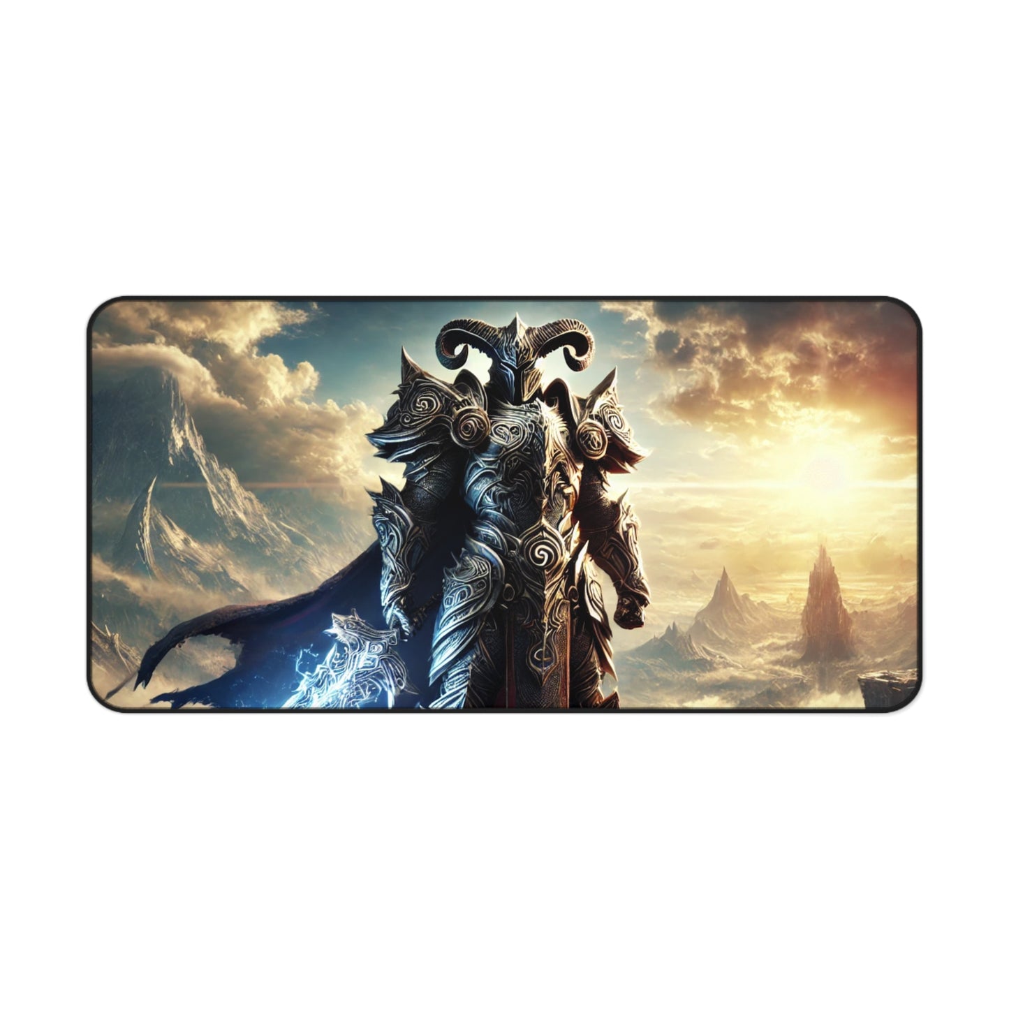 warrior on a mountain cliff desk mat