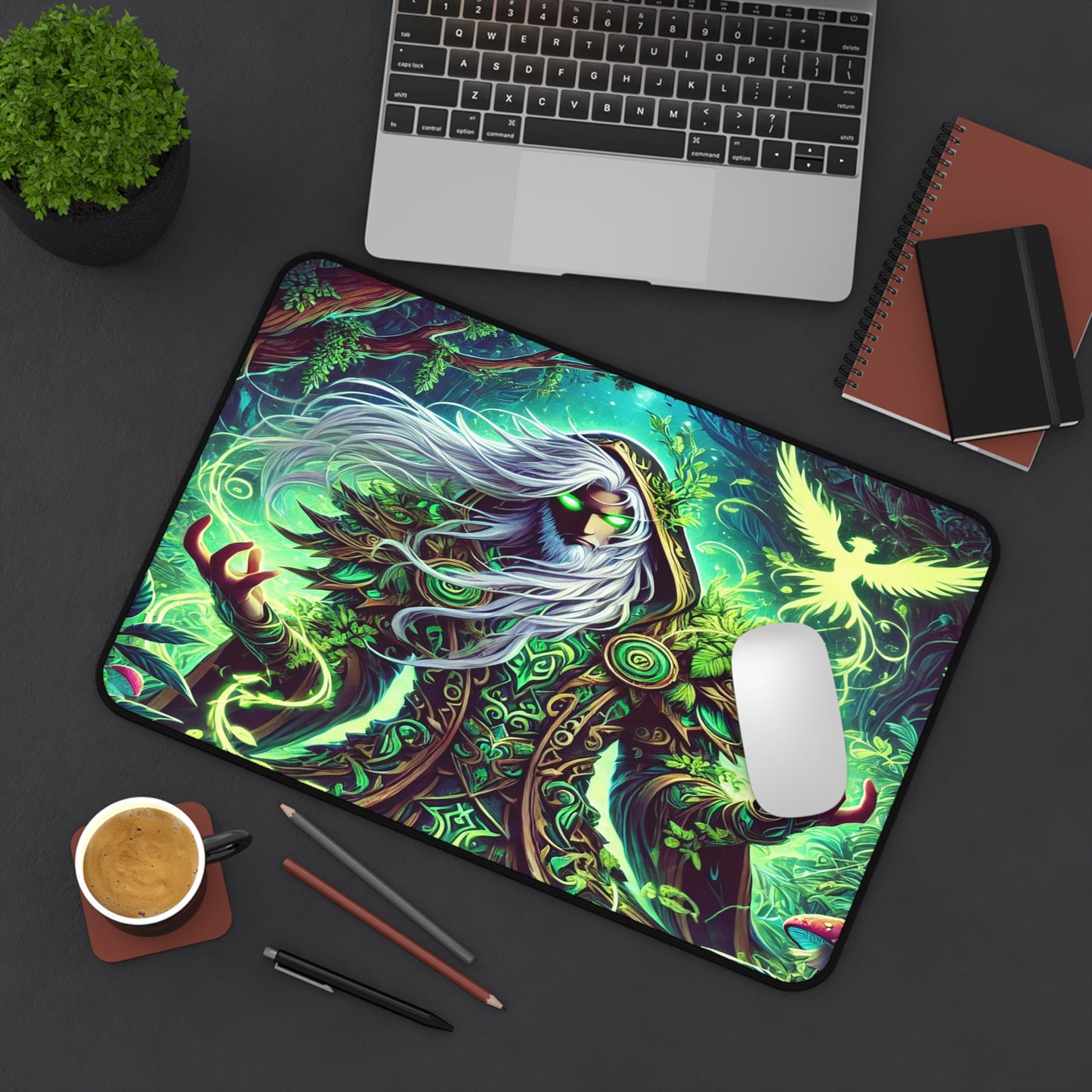 Nature’s Guardian Desk Mat – Embrace the Power of the Wild! stunning illustration of a powerful druid intertwined with vibrant, magical plants,